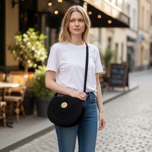 Vintage YSL Black Suede Gold Medallion Crossbody